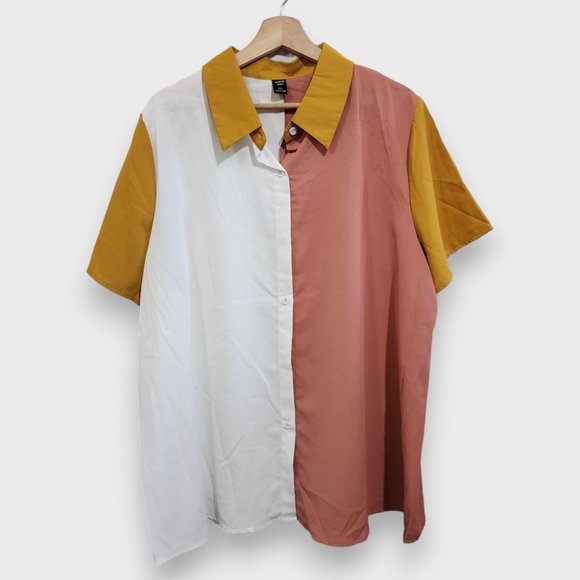 SHEIN Tops - SHEIN Curve Plus Retro Size Color Block Flowy Button Down Collar Top Size 3XL